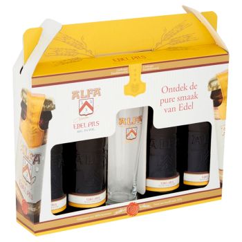 Alfa "edelpils" 4-pack + glas (actie min. bestelling €300,-)